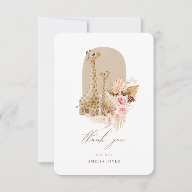Baby Pink Pampas Grass Giraffe Baby Shower Thank You Card (Front)