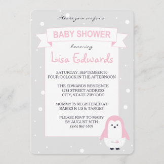 Baby Pink Penguin Baby Shower Invitation