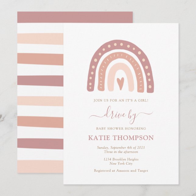 Baby Pink Rainbow It’s a Girl Drive By Baby Shower Invitation (Front/Back)