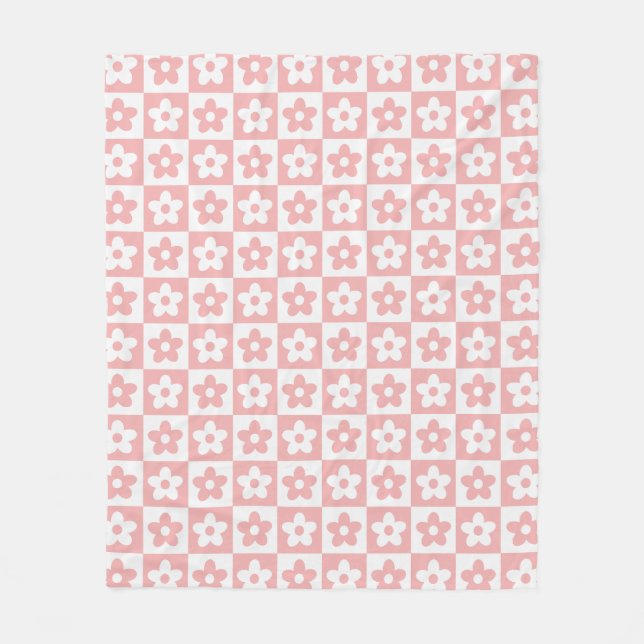 Baby Pink Retro Chequered Flower Pattern Fleece Blanket (Front)