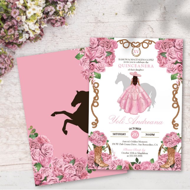Baby Pink Rose Floral Western Charra Quinceanera Invitation (Creator Uploaded)