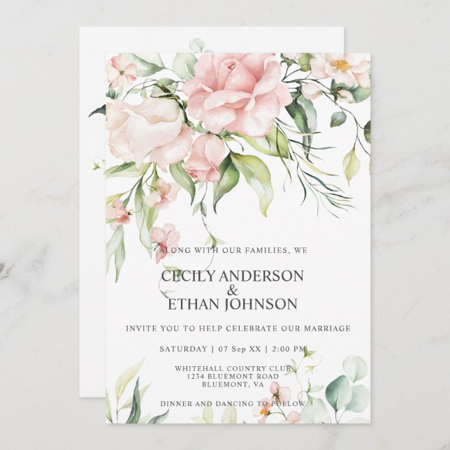 Baby Pink Roses and Eucalyptus Greenery Wedding Invitation (Front/Back)