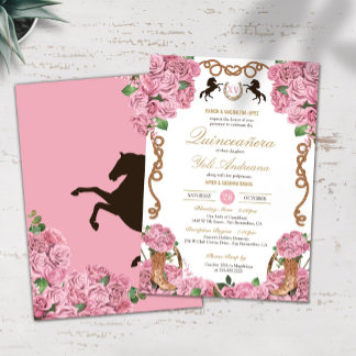 Baby Pink Roses Floral Western Charra Quinceanera Invitation