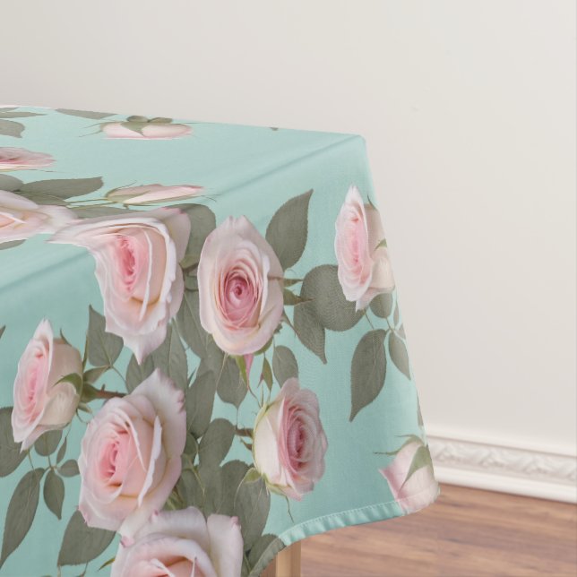 Baby Pink Roses With Sage Green Leaves Tablecloth (In Situ)