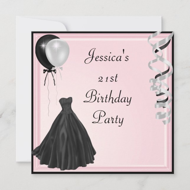 Baby Pink Silver Black Balloons Formal 21st Birthd Invitation (Front)