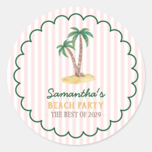 Baby Pink Stripes Retro Palm Beach Party Classic Round Sticker