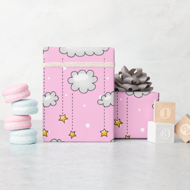 Baby Pink Swiss Dots And Stars Wrapping Paper (Baby Shower)
