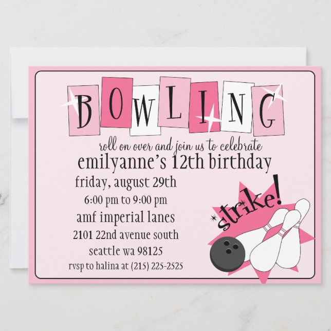 Baby Pink Totally Retro Bowling Birthday Party Invitation (Front)