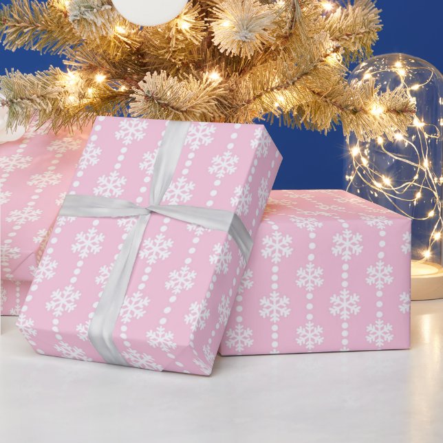 Baby Pink & White Christmas Snowflakes Pattern Wrapping Paper (Holidays)