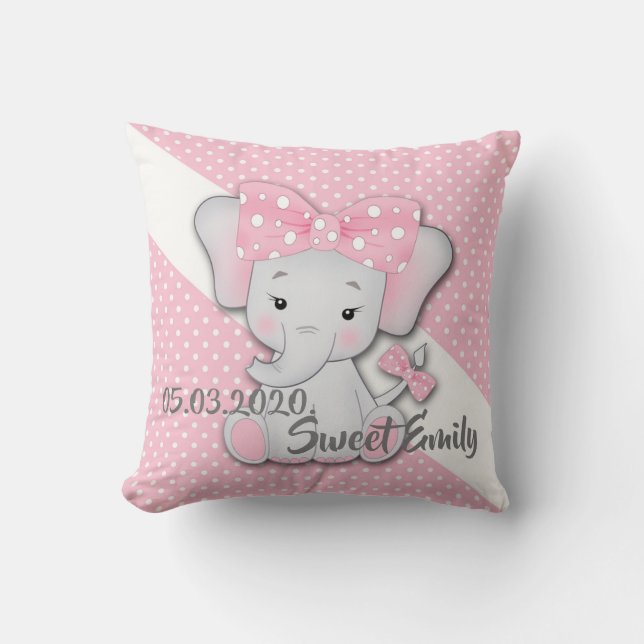 Baby pink white grey cartoon elephant personalise cushion (Front)