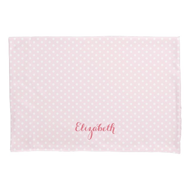Baby Pink White Polka Dots Pattern Monogrammed Pillowcase (Front)