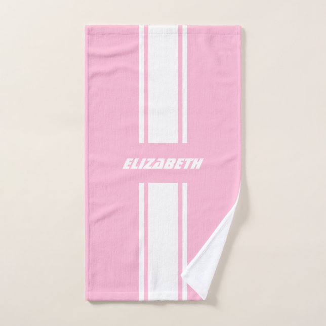 Baby Pink White Racing Stripes Monogram Kids Girls Bath Towel Set (Hand Towel)