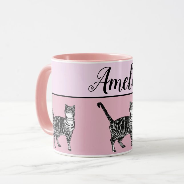 Baby Pink White Tabby cat Cats Whimsical Art Mug (Front Left)