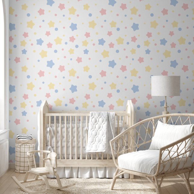 Baby Pink, Yellow, and Blue Stars on White Pattern Wallpaper (Kids)