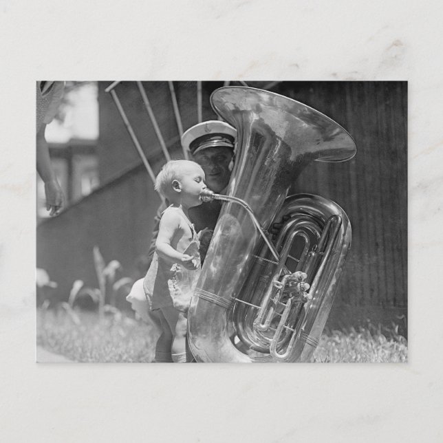 Baby Playing Tuba, 1923 Postcard (Front)