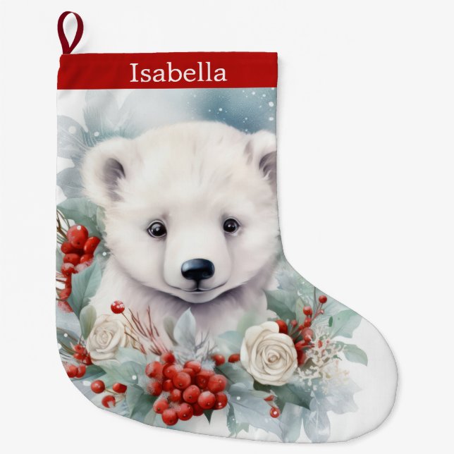 Baby Polar Bear Cub Add Name Cute Christmas Large Christmas Stocking (Front)
