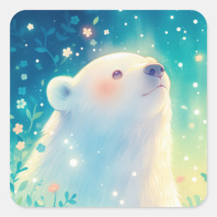 Baby Polar Bear Gazing Up in Sunlit Meadow Square Sticker