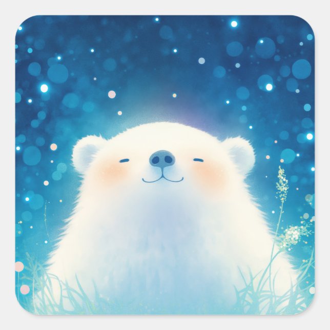 Baby Polar Bear Resting in Soft Grass Square Sticker (Front)