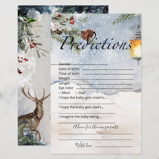 Baby predictions advice card evergreen baby shower (Front/Back)
