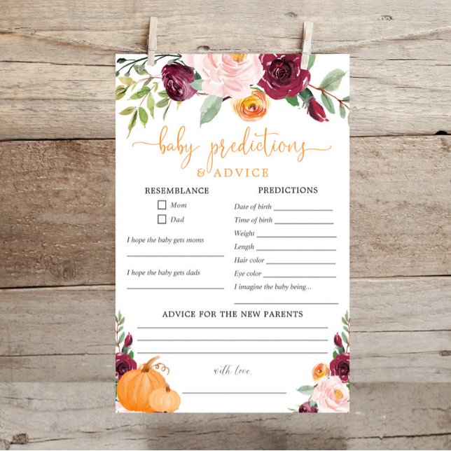 Baby predictions advice card fall baby shower (Creator Uploaded)