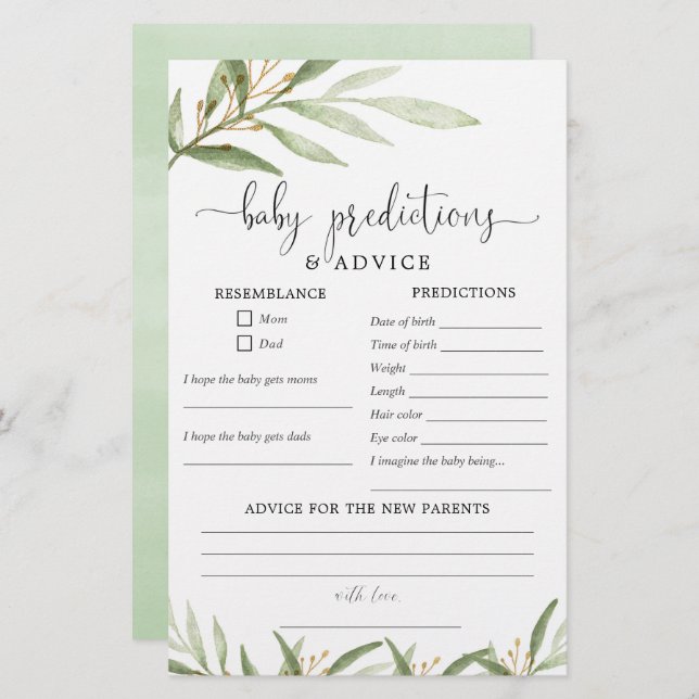 Baby predictions advice card greenery gold (Front/Back)