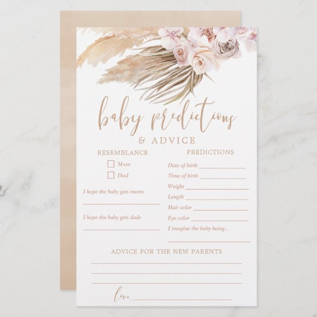 Baby predictions advice card pampas grass boho (Front/Back)