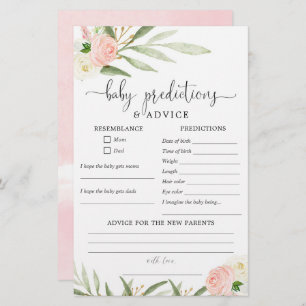 Baby predictions advice card pink greenery gold