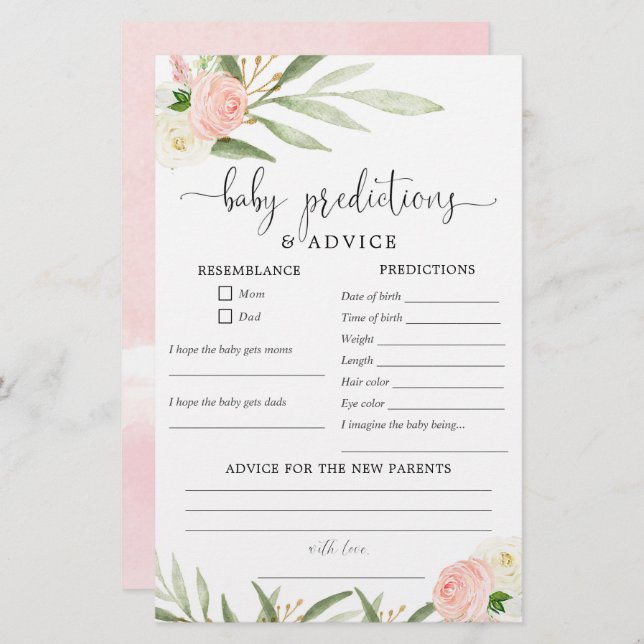 Baby predictions advice card pink greenery gold (Front/Back)