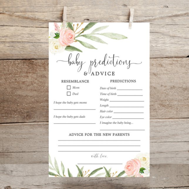 Baby predictions advice card pink greenery gold (Creator Uploaded)