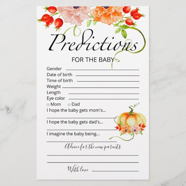 Baby predictions advice card pumpkin baby shower (Front)