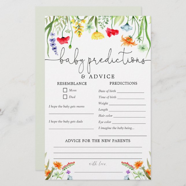 Baby predictions advice card spring wildflowers (Front/Back)