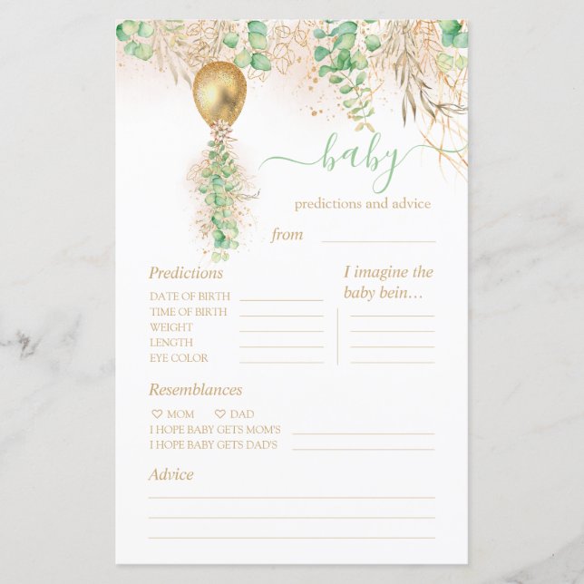 Baby Predictions and Advice Baby Shower Game (Front)