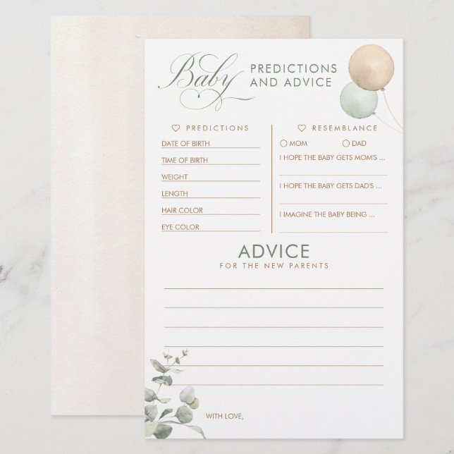 Baby Predictions and Advice Baby Shower Game (Front/Back)