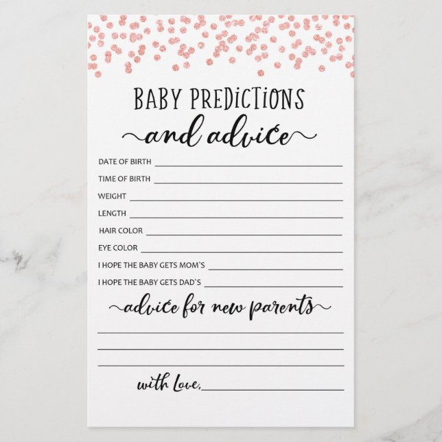 Baby Predictions and Advice Baby Shower Party game (Front)