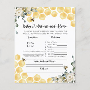 Baby predictions and advice bee themed party game.