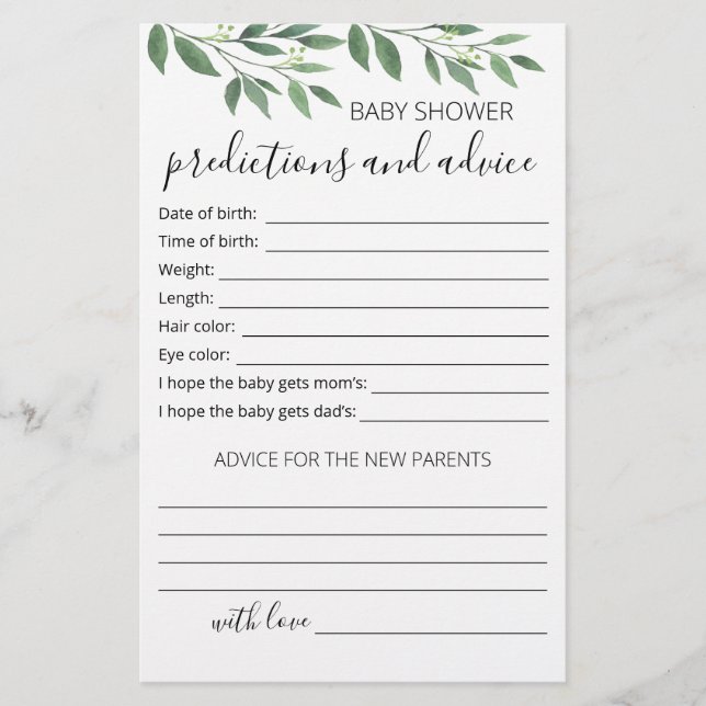 Baby predictions and advice card Baby Shower party (Front)