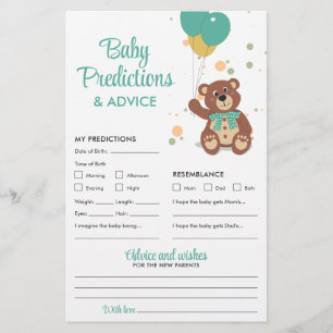 Baby Predictions and Advice Green Teddy Bear Game Flyer