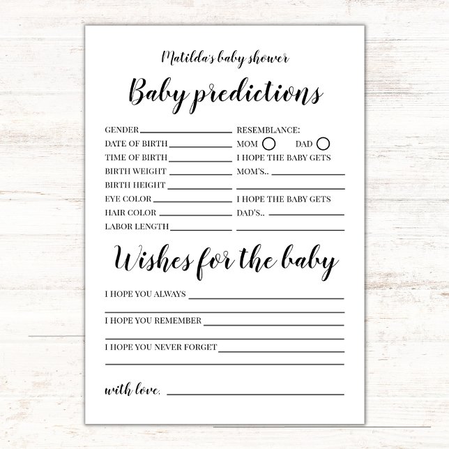 Baby Predictions and Wishes Baby Shower Game Card (baby predictions and wishes for the baby, minimalist black and white gender neutral)