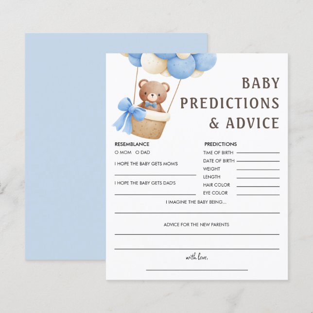 Baby Predictions | Bear Balloon Baby Shower Game (Front/Back)