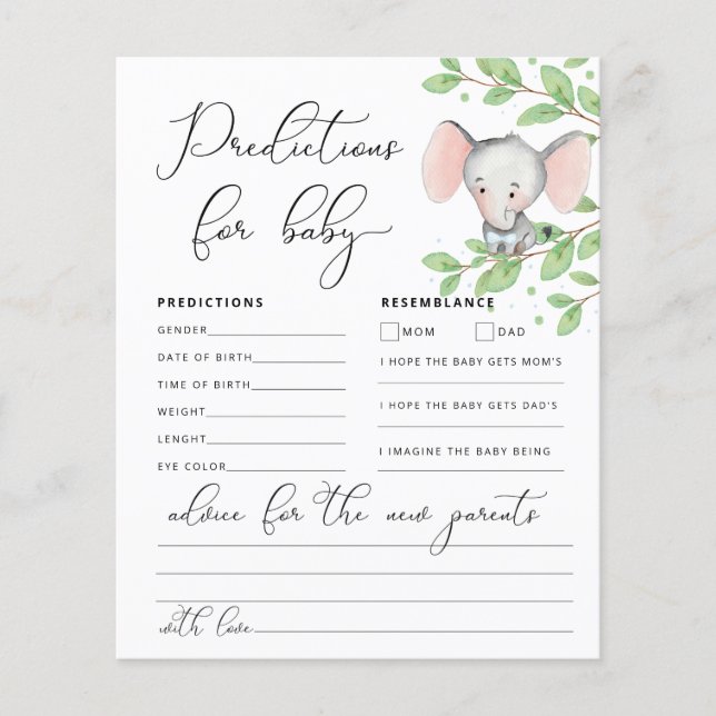 Baby Predictions Boy Elephant Shower Game (Front)