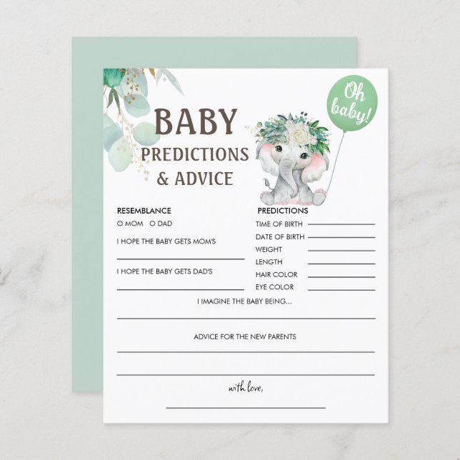 Baby Predictions | Elephant Green Balloon Game (Front/Back)
