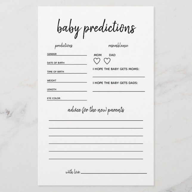 Baby Predictions Minimalist Baby Shower Game (Front)
