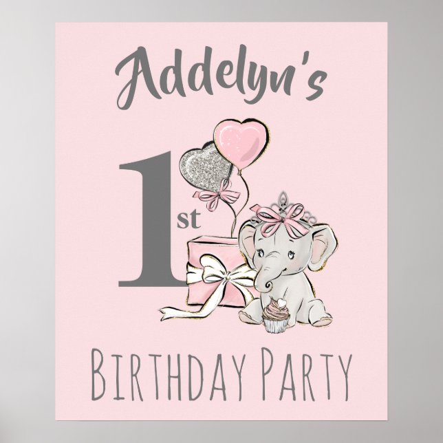 Baby Princess Elephant Girl Pink Grey 1st Birthday Poster (Front)