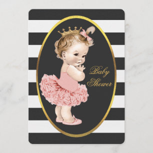 Baby Princess in Tutu Black White Stripes Gold Invitation
