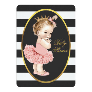 Baby Princess in Tutu Black White Stripes Gold Invitation