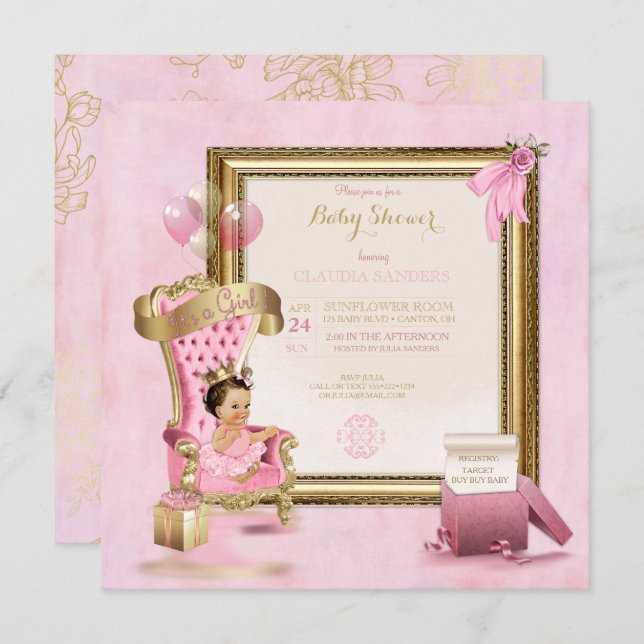 Baby Princess Tutu Crown Gold Pink Royal Invitation (Front/Back)