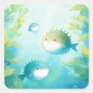 Baby Pufferfish in Underwater Green Kelp Forest Square Sticker