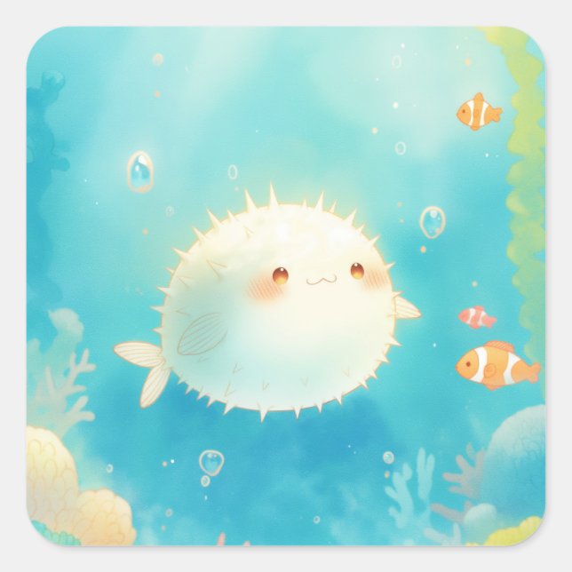 Baby Pufferfish Swimming in Sunny Coral Reef Square Sticker (Front)