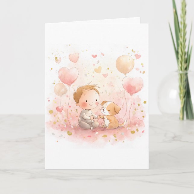 Baby & Puppy Valentine’s Card | Soft Watercolor (Front)