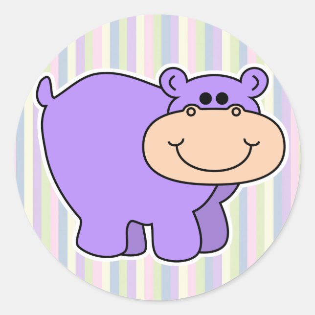 baby purple hippo with striped background classic round sticker (Front)